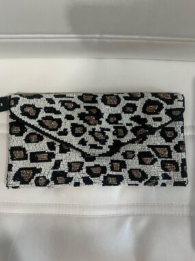 Express Beaded Leopard Envelope Clutch - Black, White & Gold NWT‎